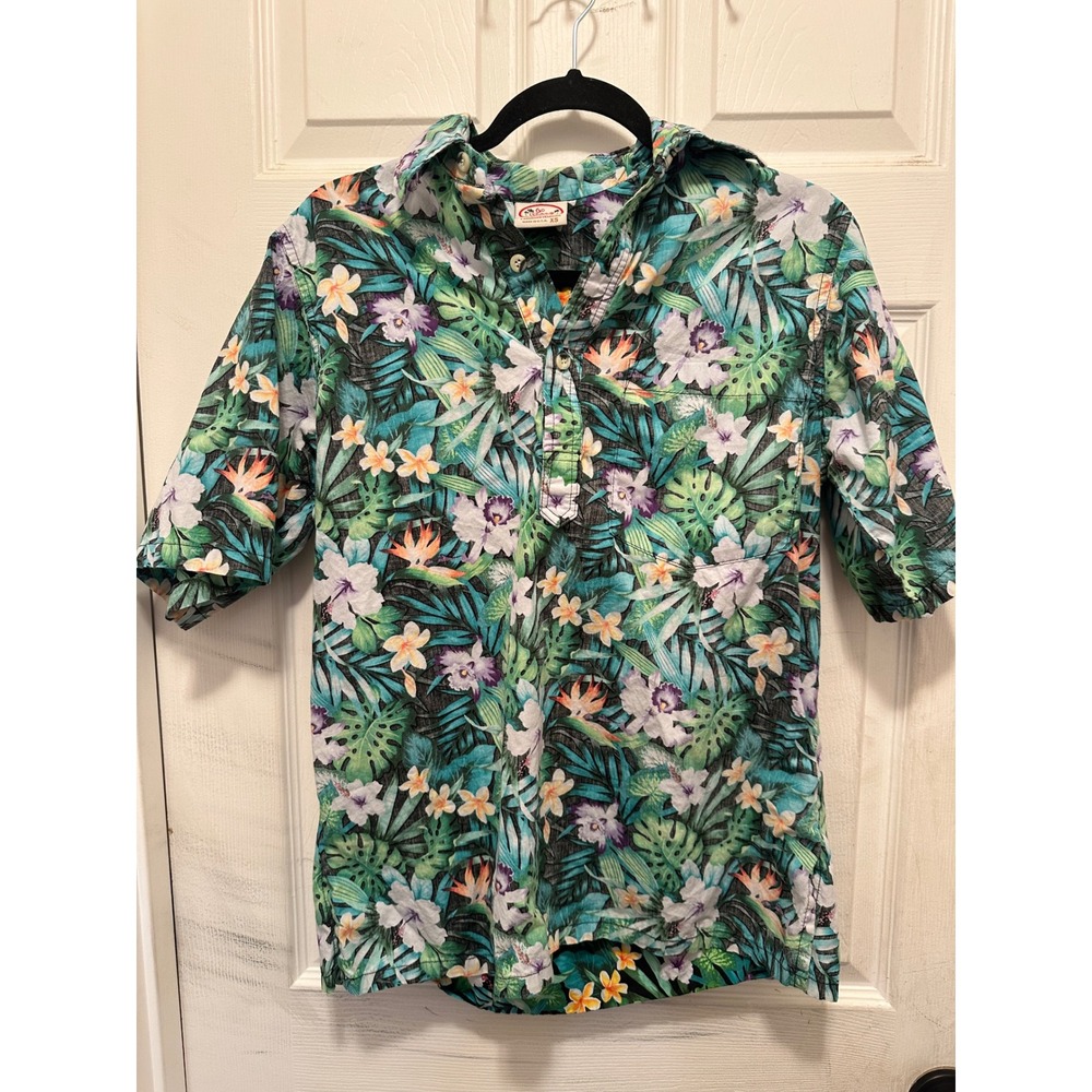 Go Barefoot Hawaiian Shirt Mens XS Green Floral Tropical Cotton Pullover USA